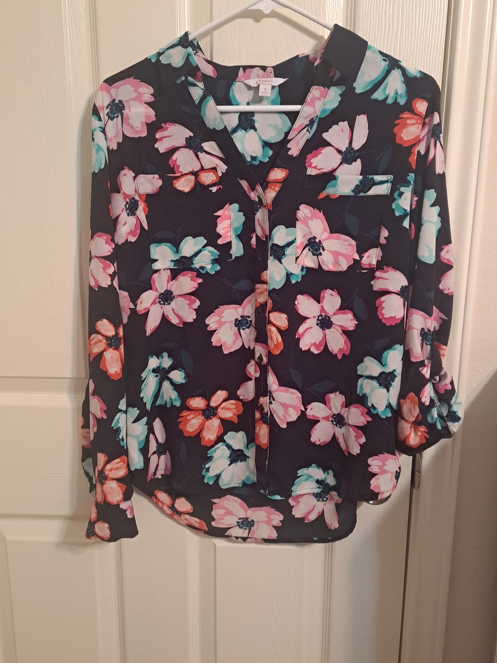 Floral V-Neck Button Front Blouse - Black with Pink & Teal Flowers